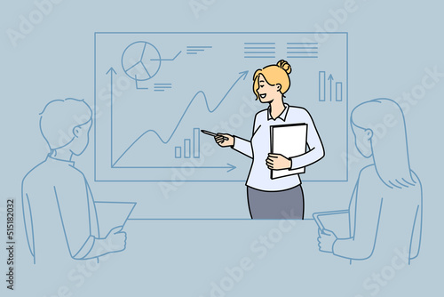 Female coach making business presentation for colleagues in office. Businesswoman presenting startup project on whiteboard at workplace. Vector illustration. 