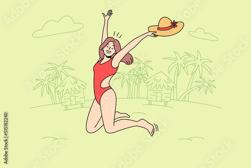 Overjoyed young woman in swimsuit jumping on beach enjoying summer vacation. Happy girl in bikini excited with summertime holidays. Vector illustration. 