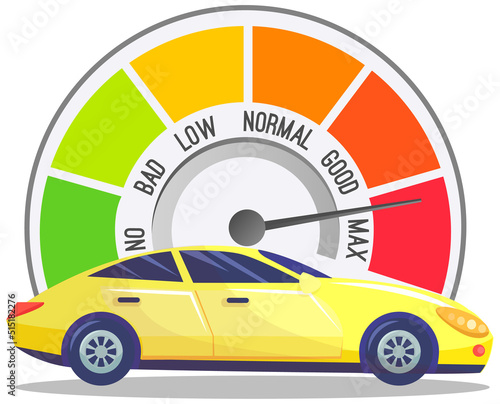 Color speedometer and yellow sport car. Tachometer with arrow and sectors isolated on white. Speedo with scales and pointers for measurement of speed and kilometers measuring instrument in automobile