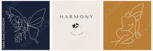 Vector abstract logo with butterfly and woman silhouette. Corporate design templates in trendy linear minimal style, beauty and cosmetics studio emblem - icon for makeup artist, fashion