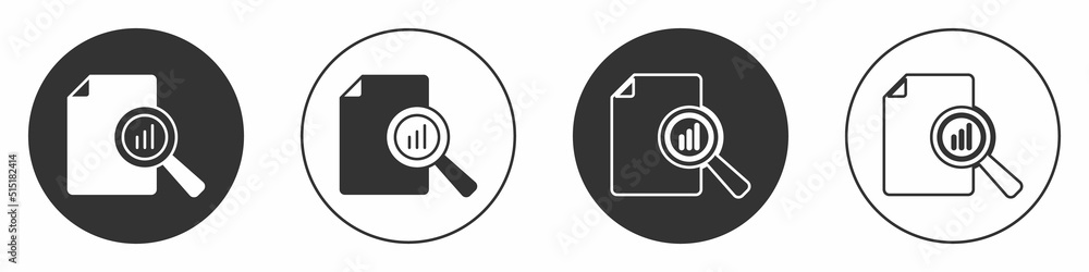 Black Document with graph chart icon isolated on white background. Report text file icon. Accounting sign. Audit, analysis, planning. Circle button. Vector Black Document with graph chart icon isolated on white background. Report text file icon. Accounting sign. Audit, analysis, planning. Circle button. Vector