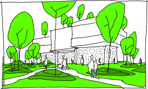 hand drawn architectural sketch of a modern building with lots of trees and green areas around and many people walking around