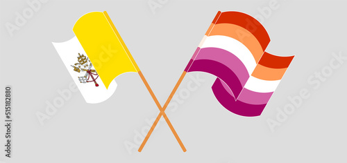 Crossed and waving flags of Vatican and Lesbian Pride