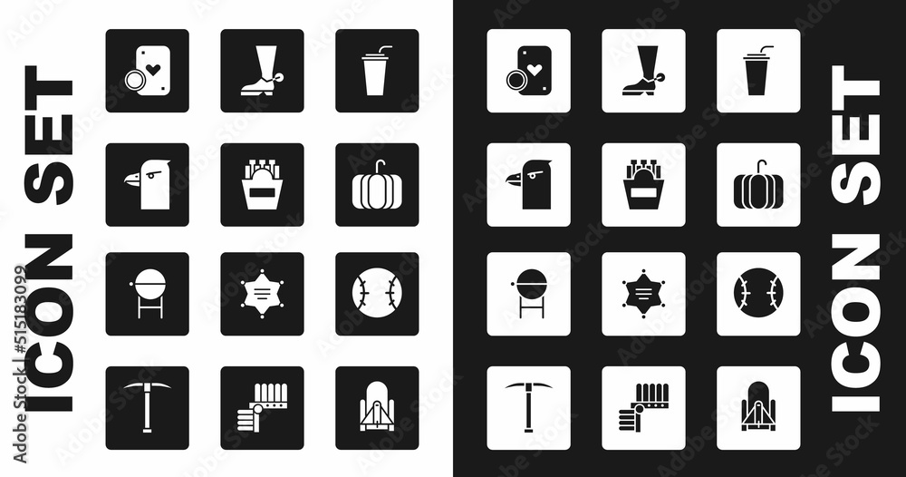Set Paper glass with straw, Potatoes french fries in box, Eagle head, Casino chip and playing cards, Pumpkin, Cowboy boot, Baseball ball and Barbecue grill icon. Vector Set Paper glass with straw, Potatoes french fries in box, Eagle head, Casino chip and playing cards, Pumpkin, Cowboy boot, Baseball ball and Barbecue grill icon. Vector