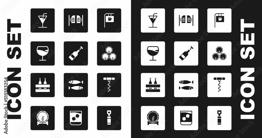 Set Street signboard with Bar, Opened bottle of wine, Wine glass, Cocktail, Wooden barrels, Saloon door, corkscrew and Pack beer bottles icon. Vector Set Street signboard with Bar, Opened bottle of wine, Wine glass, Cocktail, Wooden barrels, Saloon door, corkscrew and Pack beer bottles icon. Vector