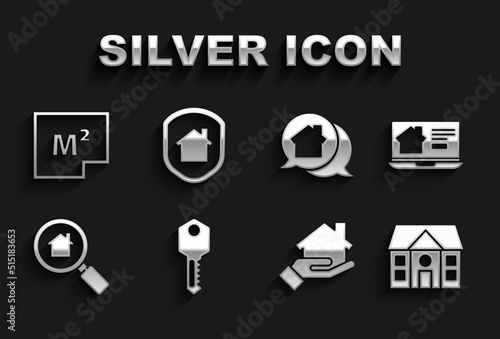 Set House key, Online real estate house, Realtor, Search, message, plan and under protection icon. Vector