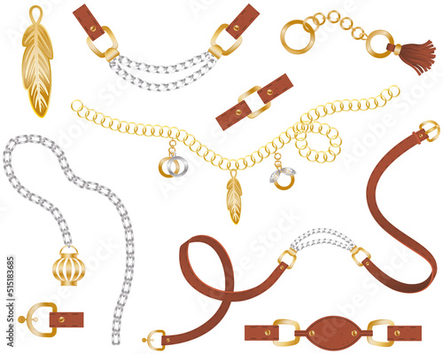 Set of belt elements, chain and braid, pendant, gold and silver links and fasteners for fabric design wallpapers, prints, textile and pattern. Isolated vector with metallic and leather accessories