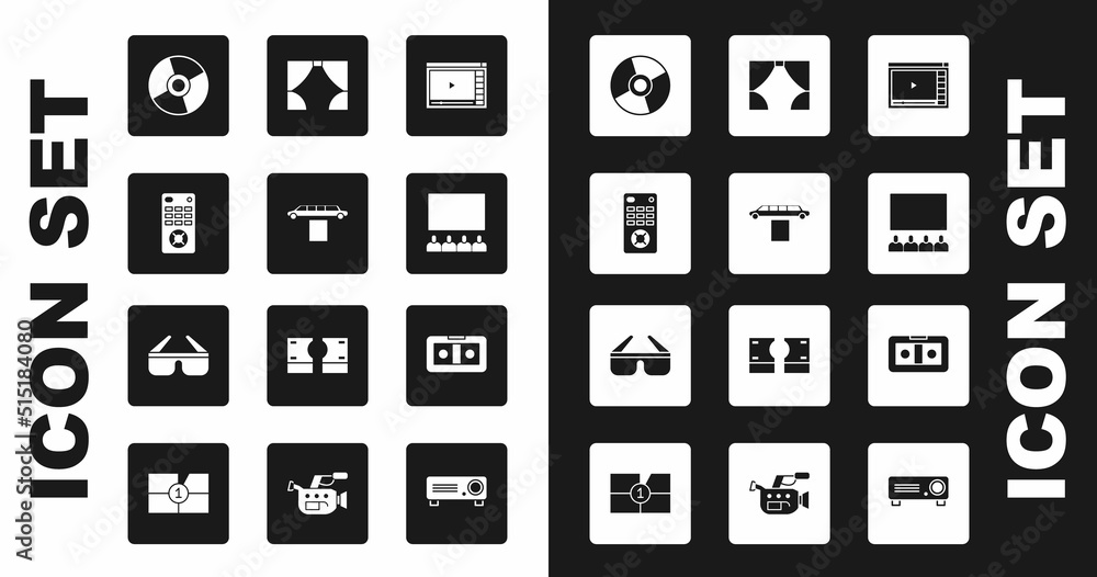 Set Online play video, Limousine car and carpet, Remote control, CD or DVD disk, Cinema auditorium with screen, Curtain, VHS cassette tape and 3D cinema glasses icon. Vector Set Online play video, Limousine car and carpet, Remote control, CD or DVD disk, Cinema auditorium with screen, Curtain, VHS cassette tape and 3D cinema glasses icon. Vector