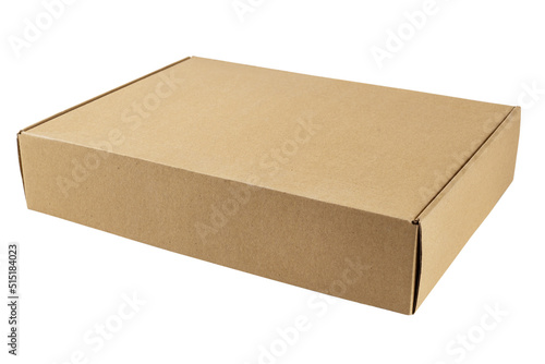 Flat cardboard brown box isolated on white with space for text and label. © 7707601