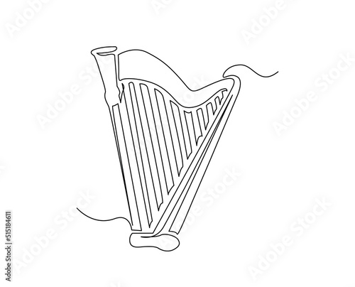 Continuous line art of classic concert harp. One line drawing abstract classic concert harp, music instrument.