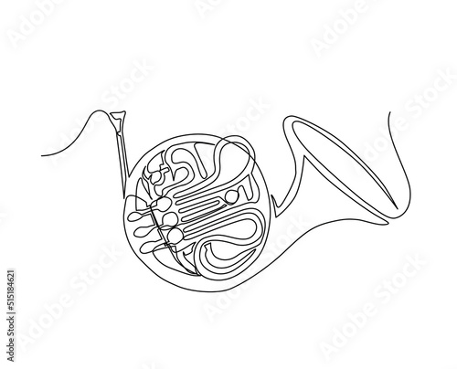 Continuous line art of french horn. One line drawing abstract french horn, music instrument.