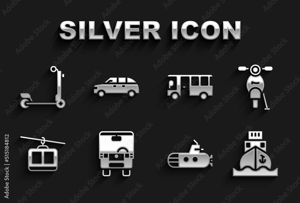 Set Bus, Scooter, Cargo ship, Submarine, Cable car, and Hatchback icon. Vector Set Bus, Scooter, Cargo ship, Submarine, Cable car, and Hatchback icon. Vector