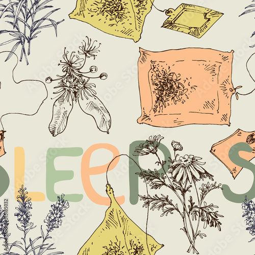 Medicinal plants promoting sleep and tea bags seamless pattern. Chamomile, lavender and linden design