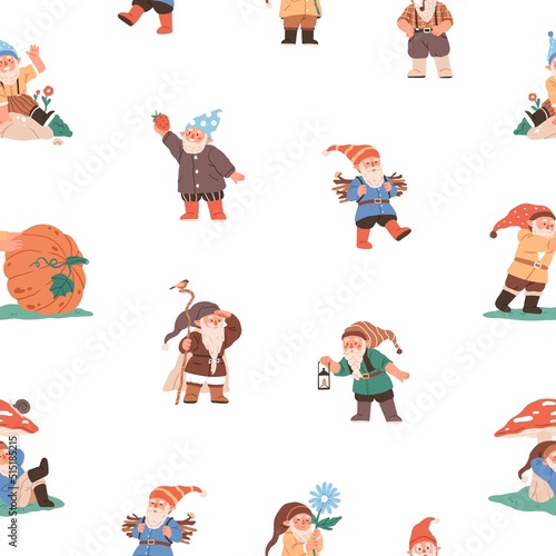 Garden gnomes, dwarfs pattern. Seamless background with cute happy elfs, fall...