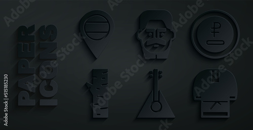 Set Balalaika, Rouble, ruble currency, Birch tree, Kosovorotka, Joseph Stalin and Location Russia icon. Vector