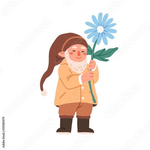 Cute garden gnome with flower. Smiling bearded dwarf in cap holding floral pl...