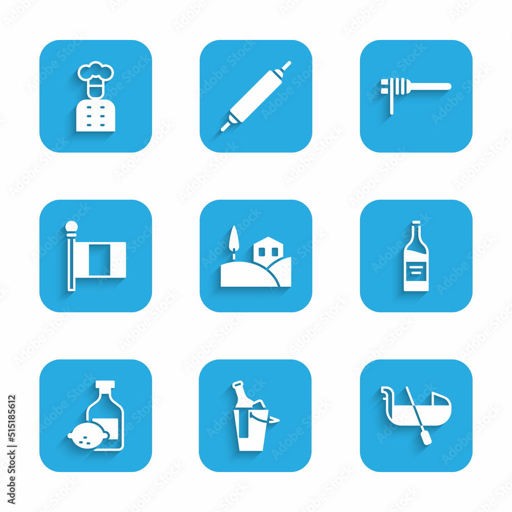 Set Village landscape, Bottle of wine in bucket, Gondola, Limoncello bottle, Flag Italy, Pasta spaghetti and Italian cook icon. Vector Set Village landscape, Bottle of wine in bucket, Gondola, Limoncello bottle, Flag Italy, Pasta spaghetti and Italian cook icon. Vector