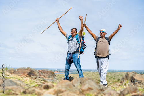 Happy friends celebration by raising hands with stick after reaching destination on hill - concept of outdoor entertainment activities, trekking and friendship.