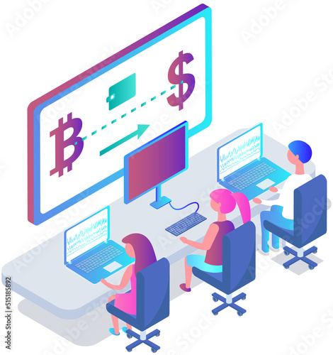 People conduct transactions with cryptocurrency on trading platform. Computer program for analysis of stock market. Investment in blockchain technology concept. Mining and exchange of digital currency © robu_s