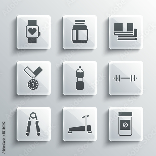 Set Treadmill machine, Anabolic drugs, Barbell, Bottle of water, Sport expander, Medal, Smart watch and Towel stack icon. Vector