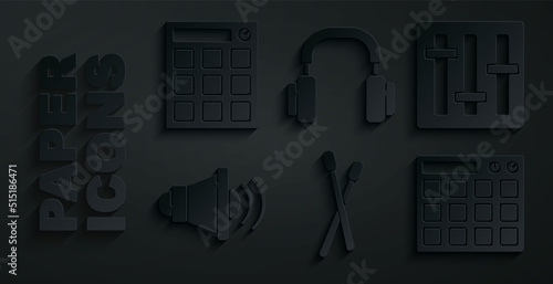 Set Drum sticks, Sound mixer controller, Speaker volume, machine, Headphones and icon. Vector