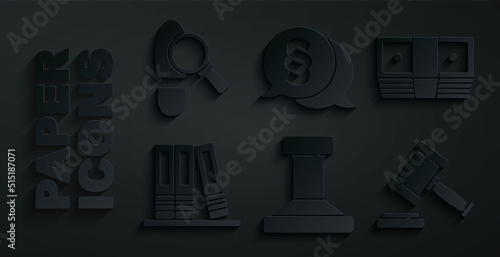 Set Stamp, Bribe money cash, Office folders, Judge gavel, Law and Footsteps icon. Vector