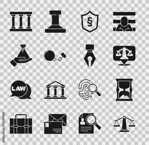 Set Scales of justice, Old hourglass, Justice law in shield, Ball on chain, Bribe money bag, Prison window and Fountain pen nib icon. Vector