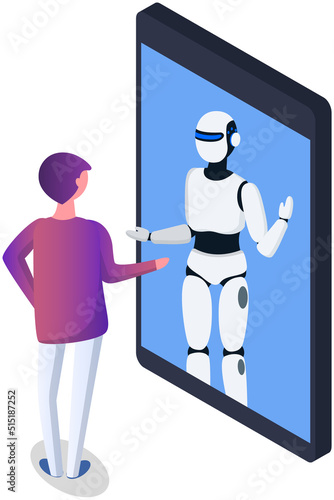 Mobile application with artificial intelligence. Person using online chat with droid system. Simulation of conversation with assistant at phone. Help chat bot talking with character, dialogue