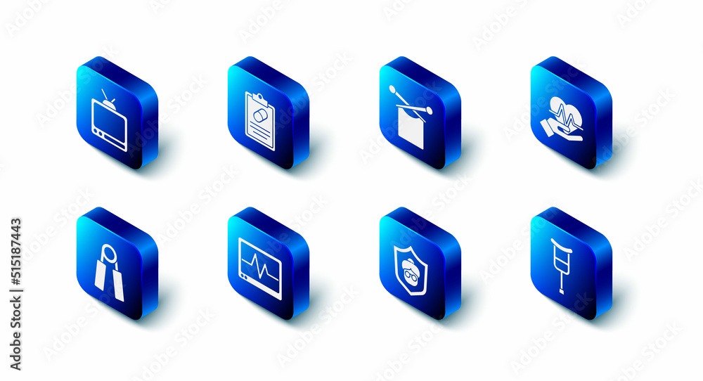 Set Medical prescription, Knitting, Heart rate, Crutch or crutches, Grandmother, Monitor with cardiogram, Sport expander and Retro tv icon. Vector Set Medical prescription, Knitting, Heart rate, Crutch or crutches, Grandmother, Monitor with cardiogram, Sport expander and Retro tv icon. Vector