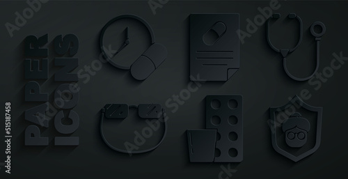 Set Pills in blister pack, Stethoscope, Eyeglasses, Grandmother, Medical prescription and Medicine pill or tablet icon. Vector