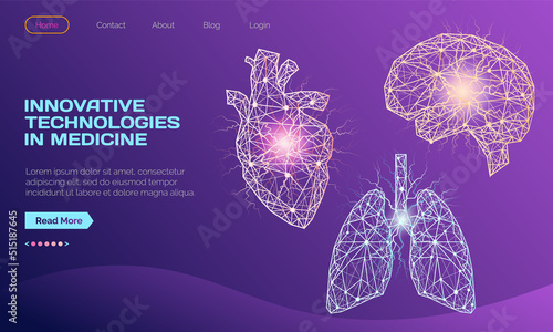 Set of polygonal human organs made of red lines and dots. Medical research of human body, innovative approach concept. Anatomy, diagnostics of body systems. Brain, lung, heart