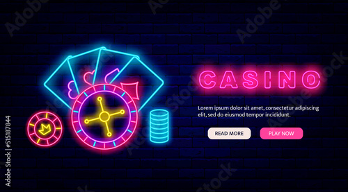 Casino neon landing page. Website template. Internet gambling game. Vector stock illustration
