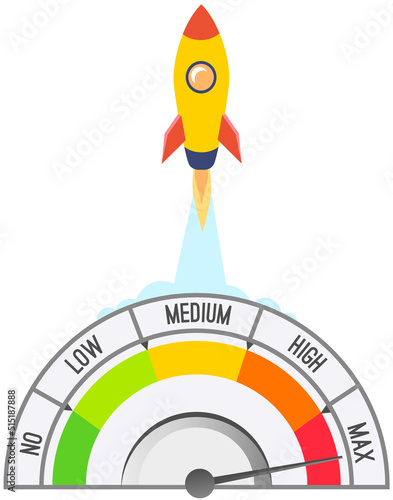 Rocket takes off into sky at high jet speed. Vector illustration spaceship and speedometer flat design. Rocket launch and fire flame, space ship startup, spacecraft liftoff cartoon development icon