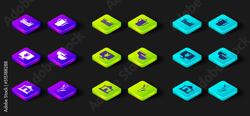 Set Chinese house, Bamboo, Yuan currency, tea ceremony, and Great wall of China icon. Vector