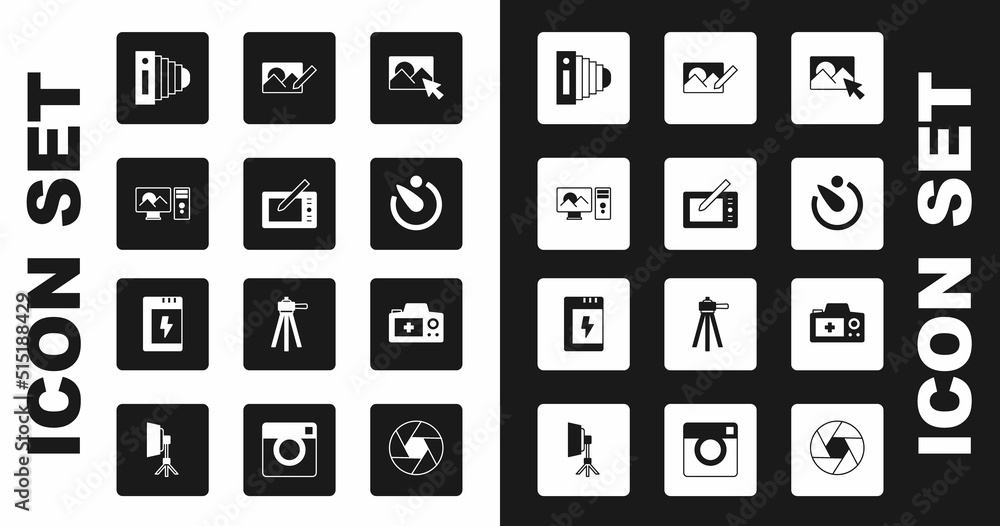 Set Photo retouching, Graphic tablet, camera, Camera timer, and Battery for icon. Vector Set Photo retouching, Graphic tablet, camera, Camera timer, and Battery for icon. Vector