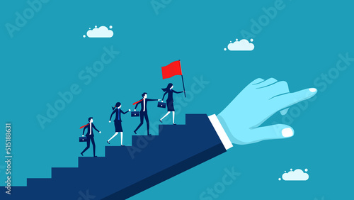 Female Leadership. Business leaders hold winner flags in the direction of business to achieve goals vector