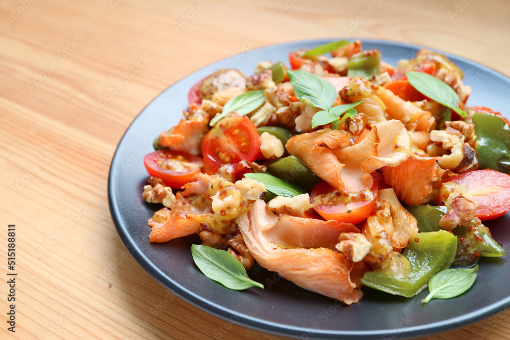 Plate of Tasty and Healthy Sauteed Pink Oyster Mushrooms with Colorful Vegetables Plate of Tasty and Healthy Sauteed Pink Oyster Mushrooms with Colorful Vegetables