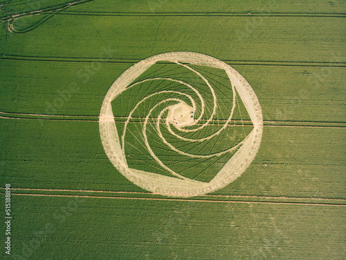 Aerial drone view of crop circle formation in corn field, Avebury, Wiltshire, UK
