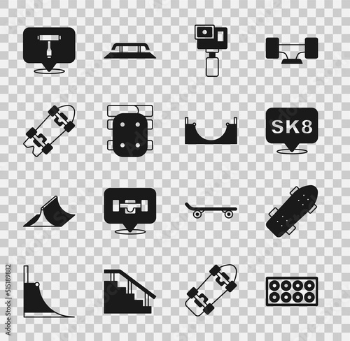 Set Skateboard wheel, Action camera, Knee pads, Longboard or skateboard, T tool and park icon. Vector