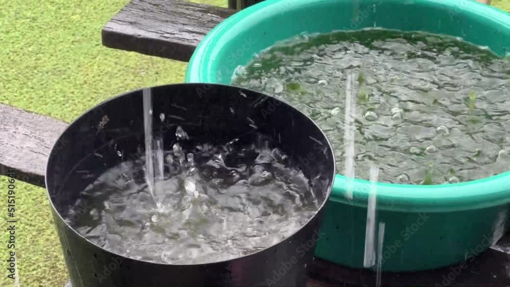 Heavy rain falls In a ceramic bowl filled with water Heavy rain falls In a ceramic bowl filled with water