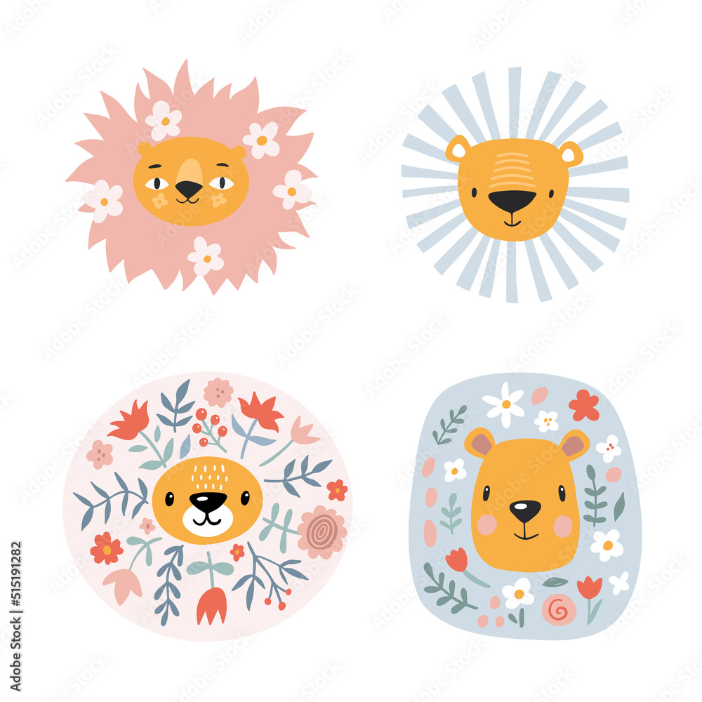 Cute lions with floral. Modern vector illustration Cute lions with floral. Modern vector illustration