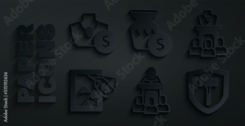 Set Auction auctioneer sells, jewelry sale, painting, hammer, ancient vase and icon. Vector
