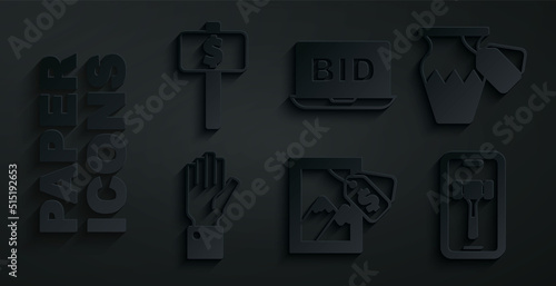 Set Auction painting, ancient vase, Hand holding auction, Online, and paddle icon. Vector