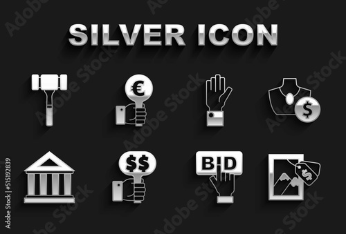 Set Hand holding auction paddle, Auction jewelry sale, painting, Bid, Museum building, hammer and icon. Vector