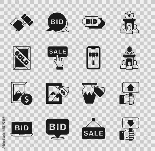 Set Hand holding auction paddle, Auction auctioneer sells, Bid, Price tag with Sale, painting sold, hammer and Online icon. Vector