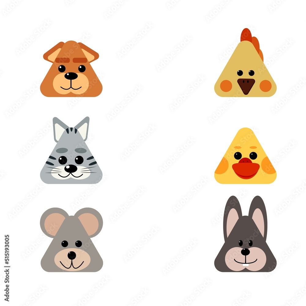 set of animal faces in the shape of a triangle, geometric animals, for children, for children's books, cat, dog, mouse, chicken, duckling, rabbit, farm, pets