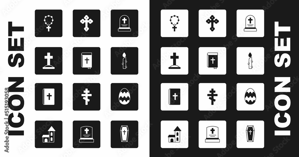 Set Grave with tombstone, Holy bible book, cross, Rosary beads religion, Burning candle, Christian, Easter egg and icon. Vector Set Grave with tombstone, Holy bible book, cross, Rosary beads religion, Burning candle, Christian, Easter egg and icon. Vector
