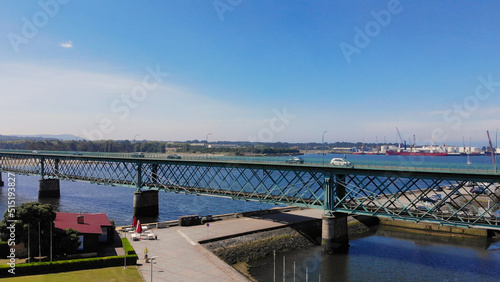 Aerial view of a bridge over the river Lima, linking the parish of Santa Maria Maggiore, in Viana do Castelo, Darque. Was opened in 1878, having been designed by the architect Gustave Eiffel.