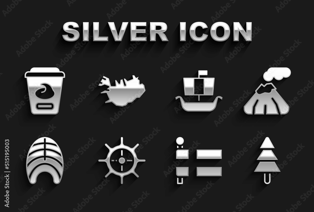 Set Ship steering wheel, Volcano, Tree, Flag of Iceland, Fish steak, Viking ship Drakkar, Yogurt container and Map icon. Vector Set Ship steering wheel, Volcano, Tree, Flag of Iceland, Fish steak, Viking ship Drakkar, Yogurt container and Map icon. Vector