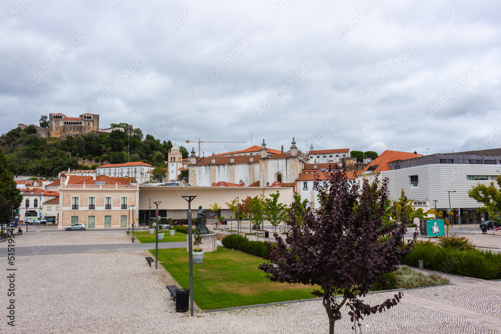 Leiria, Portugal, August 29, 2021: The Paulo VI Square, the Our Lady of the Immaculate Conception Cathedral and Leiria Castle..